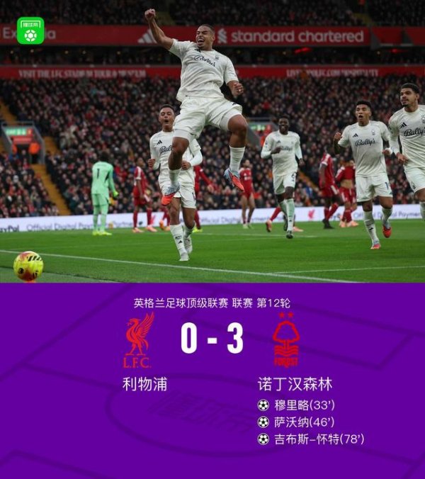 恒瑞盈 剑南春丨利物浦0-3森林近7轮联赛6负，穆里略、萨沃纳破门